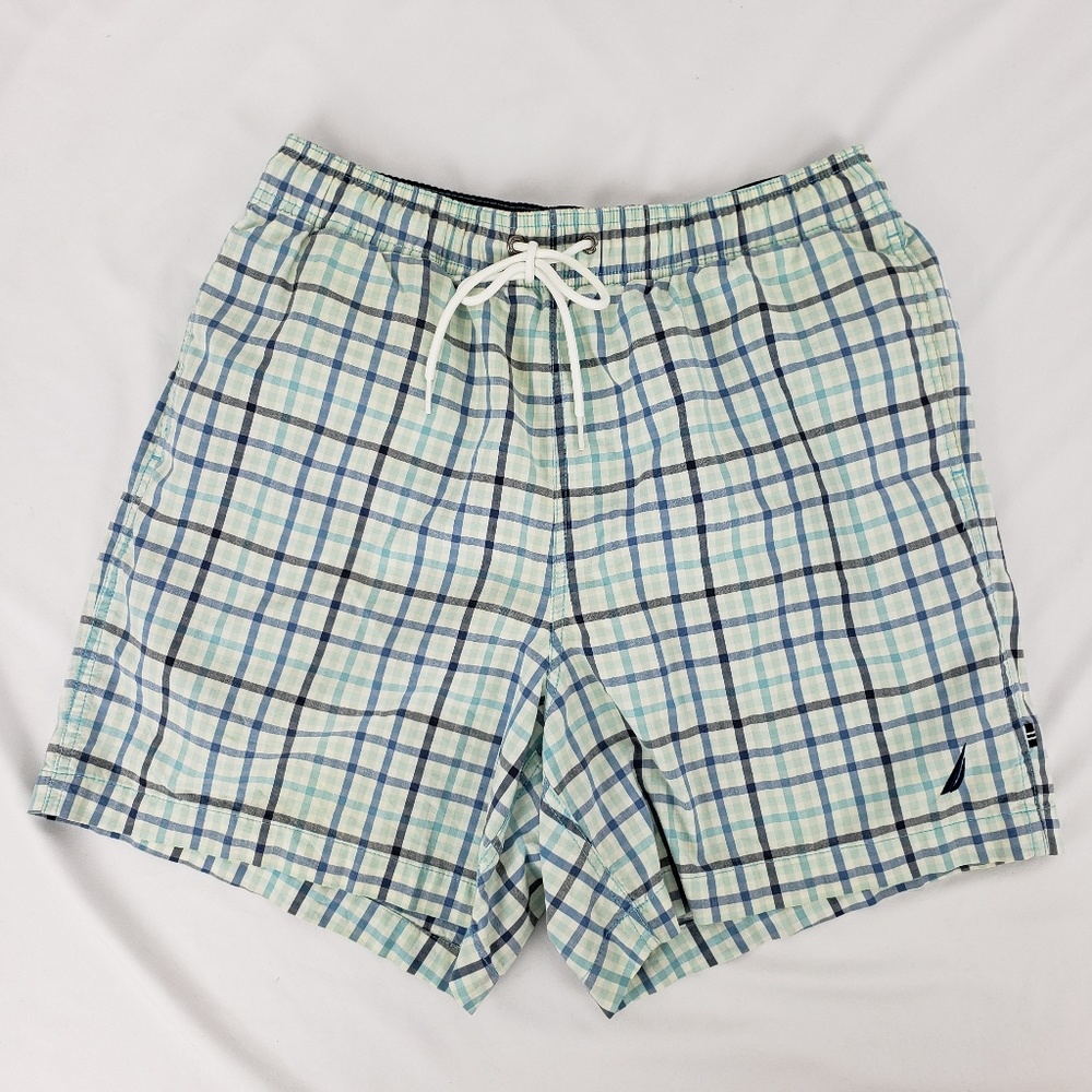Vintage Nautica Mens Swim Trunks Blue White Plaid